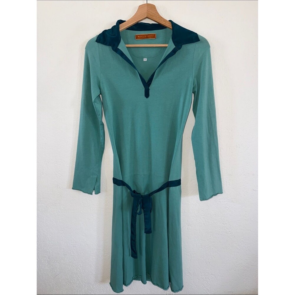 Vintage Migel Stapper 90’s Y2K Teal Long Sleeve Midi Dress Drop Waist Collar Sm